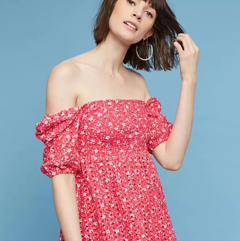 2P Anthropologie Lillianne Pink Eyelet Floral Off The Shoulder Dress by Maeve